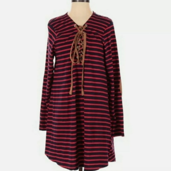 Umgee Knit Dress Small Red Blue Stripes Elbow Pads Business Casual - Picture 1 of 5